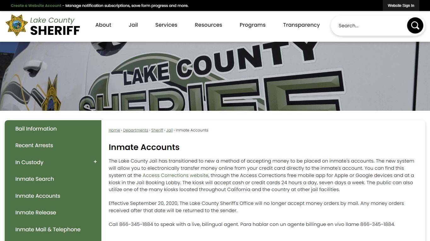 Inmate Accounts | Lake County, CA